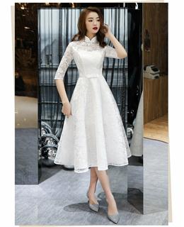 Picture of Lovely White Color Tea Length Lace Simple Short Sleeves Party Dresses, White Color Lace Wedding Party Dresses Graduation Dresses